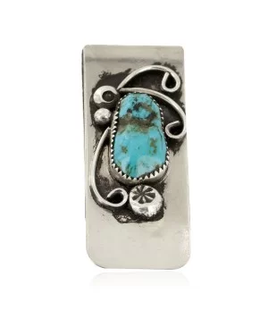 Handmade Navajo Nickel and .925 Sterling Silver Natural Turquoise Native American Money Clip 11249-4