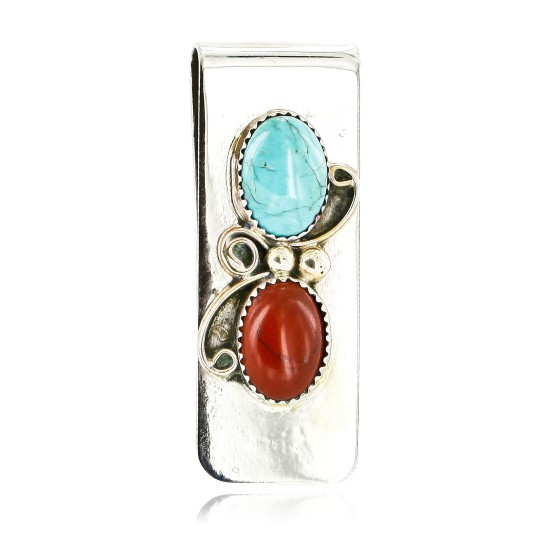 Handmade Certified Authentic Navajo Nickel and .925 Sterling Silver Natural Turquoise Red Jasper Native American Money Clip 10525-9
