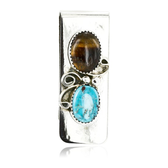 Handmade Certified Authentic Navajo Nickel and .925 Sterling Silver Natural Turquoise Tigers Eye Native American Money Clip 10525-3