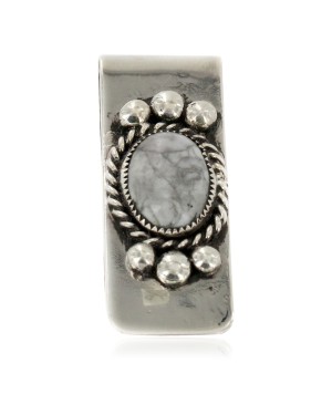 Handmade Certified Authentic Navajo Nickel and .925 Sterling Silver Natural White Buffalo Native American Money Clip 11249-2