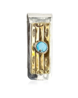 Handmade Certified Authentic Navajo Nickel and Brass Natural Turquoise Native American Money Clip 10523-1