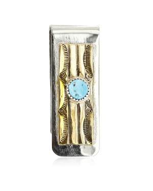 Handmade Certified Authentic Navajo Nickel and Brass Natural Turquoise Native American Money Clip 10523-2