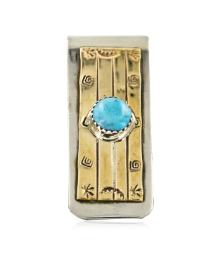 Handmade Certified Authentic Navajo Nickel and Brass Natural Turquoise Native American Money Clip 10523-3