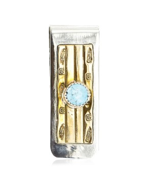 Handmade Certified Authentic Navajo Nickel and Brass Natural Turquoise Native American Money Clip 10523-4