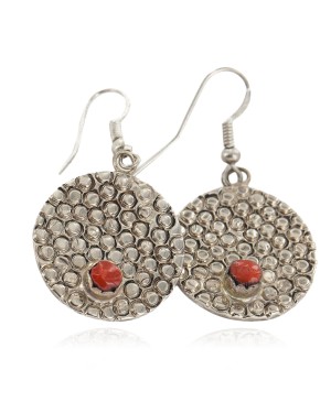 Handmade Certified Authentic Navajo Nickel Coral Native American Dangle Earrings 18181