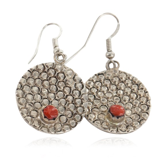 Handmade Certified Authentic Navajo Nickel Coral Native American Dangle Earrings 18181