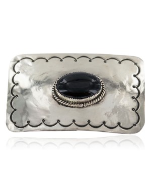 Handmade Certified Authentic Navajo Nickel Natural Black Onyx Native American Buckle 1219-1