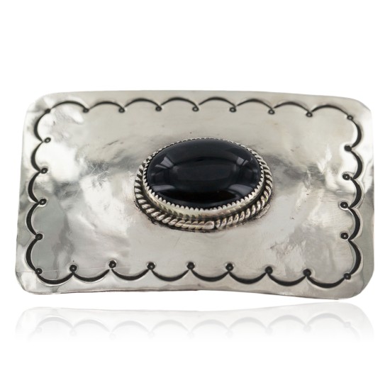 Handmade Certified Authentic Navajo Nickel Natural Black Onyx Native American Buckle 1219-1