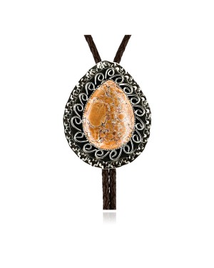 Handmade Certified Authentic Navajo Nickel Natural Jasper Native American Bolo Tie  24393-1