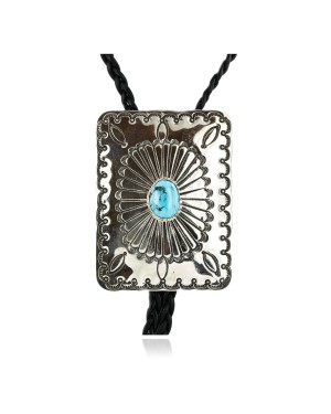 Handmade Certified Authentic Navajo Nickel Natural Turquoise Native American Bolo Tie  24389-1