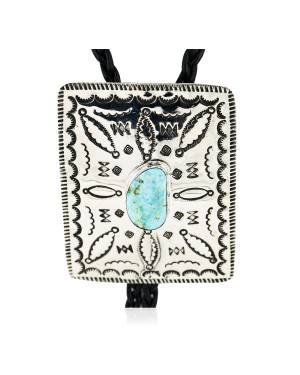 Handmade Certified Authentic Navajo Nickel Natural Turquoise Native American Bolo Tie  24389-2