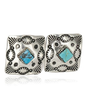 Handmade Certified Authentic Navajo Nickel Natural Turquoise Native American Cuff Links 19127