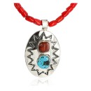 HANDMADE Certified Authentic Navajo Nickel Turquoise and CORAL Native American Necklace 371105467875