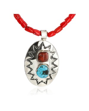 HANDMADE Certified Authentic Navajo Nickel Turquoise and CORAL Native American Necklace 371105467875