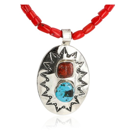 HANDMADE Certified Authentic Navajo Nickel Turquoise and CORAL Native American Necklace 371105467875
