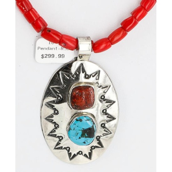 HANDMADE Certified Authentic Navajo Nickel Turquoise and CORAL Native American Necklace 371105467875