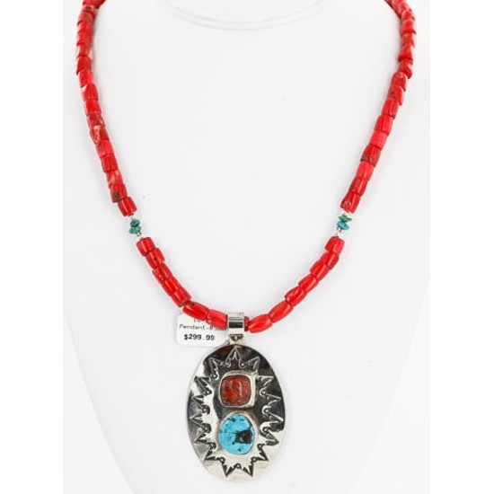 HANDMADE Certified Authentic Navajo Nickel Turquoise and CORAL Native American Necklace 371105467875