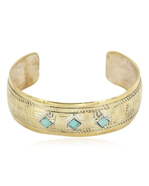 Handmade Certified Authentic Navajo Pure Brass Native American Bracelet Natural Turquoise 12861-4