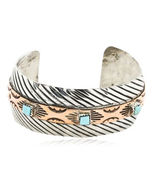 Handmade Certified Authentic Navajo Pure Nickel and Copper Native American Bracelet Natural Turquoise 12844-4