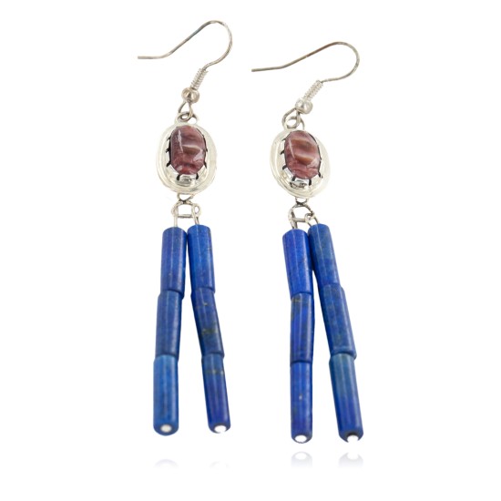 Handmade Certified Authentic Signed by .925 Sterling Silver Navajo Natural Spiny Oyster Lapis Dangle Native American Earrings 27118