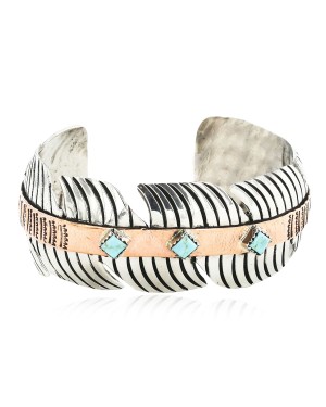 Handmade Feather Certified Authentic Navajo Pure Nickel and Copper Native American Bracelet Natural Turquoise 12844-3