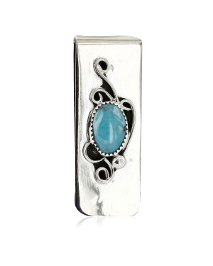 Handmade Flower Certified Authentic Navajo Nickel and .925 Sterling Silver Natural Turquoise Native American Money Clip 11238-7