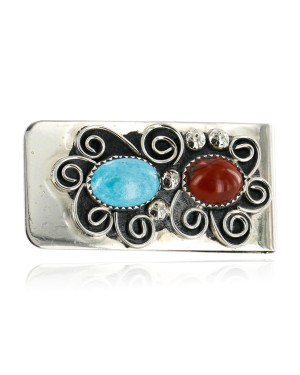 Handmade Flower Certified Authentic Signed Navajo Nickel Natural Turquoise and Jasper Native American Money Clip 11228