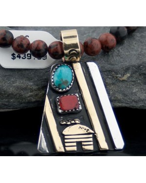 Handmade Hogan Certified Authentic Navajo Native .925 Sterling Silver 12kt Gold Filled Coral and Turquoise Native American Necklace 370803468959