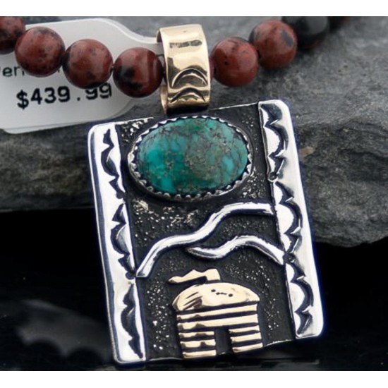 Handmade Hogan Certified Authentic Navajo Native .925 Sterling Silver and 12kt Gold Filled Turquoise Native American Necklace 370804674119