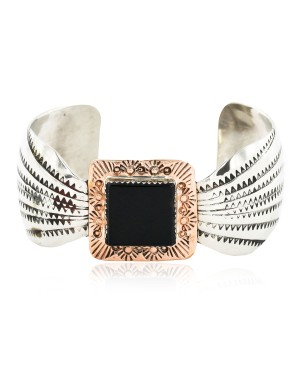 Handmade Horse Certified Authentic Navajo Pure Nickel Copper Native American Bracelet Natural Black Onyx 12844-5