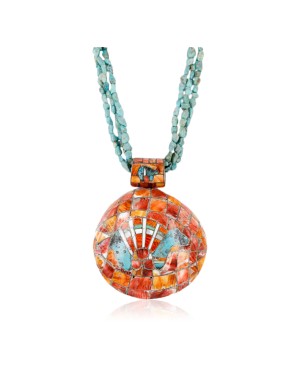 Handmade Inlaid Turtle Navajo .925 Sterling Silver Natural Spiny Oyster Turquoise Signed Native American Necklace 15651