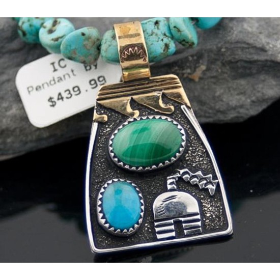 Handmade Kiva Certified Authentic Navajo .925 Sterling Silver and 12kt Gold Filled Turquoise Native American Necklace 390582579733