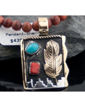 Handmade Leaf Certified Authentic Navajo .925 Sterling Silver 12kt Gold Filled Coral, Gold Stone and Turquoise Native American Necklace 390589681815