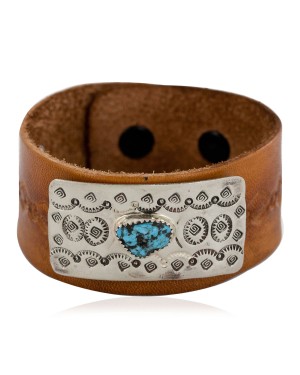 Handmade Leather Certified Authentic Navajo Natural Turquoise Native American Bracelet 12848-2