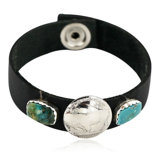 Handmade LEATHER Certified Authentic Vintage Style Buffalo Nickel Navajo .925 Sterling Silver Natural Turquoise Native American Bracelet 12836-2