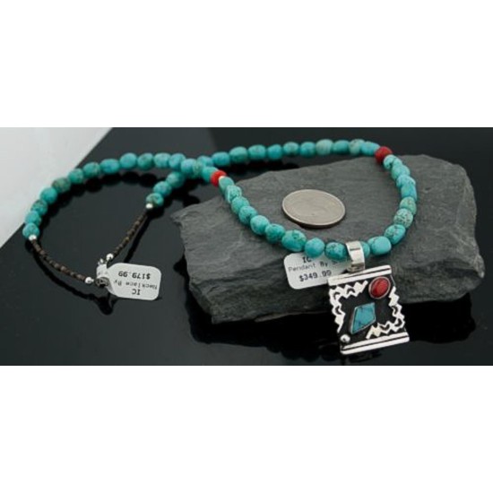 Handmade Mountain Certified Authentic Navajo Native .925 Sterling Silver Turquoise and Coral Native American Necklace 390568476851