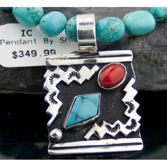 Handmade Mountain Certified Authentic Navajo Native .925 Sterling Silver Turquoise and Coral Native American Necklace 390568476851