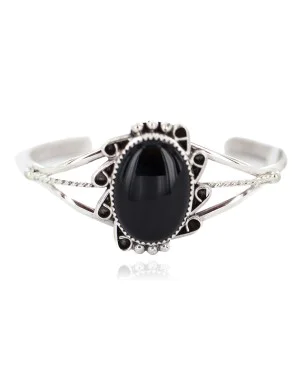 Handmade Navajo .925 Sterling Silver Natural Black Onyx Native American Bracelet 18197-2