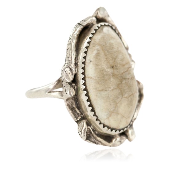 Handmade Navajo Certified Authentic .925 Sterling Silver Natural White Buffalo Native American Ring 18297-1