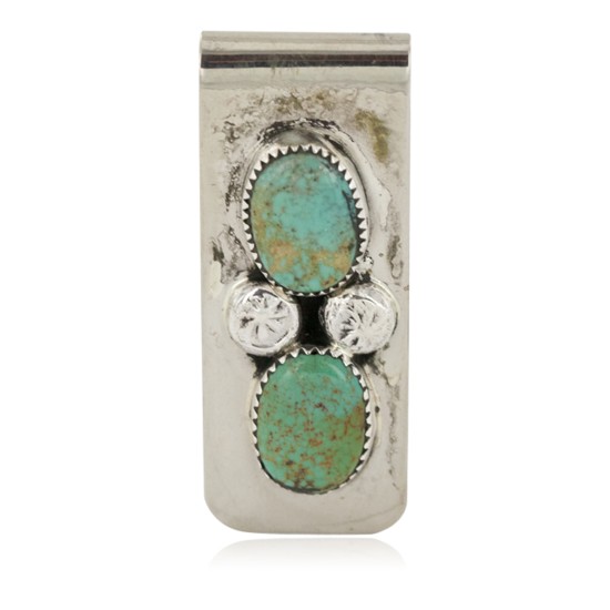 Handmade Navajo Certified Authentic Nickel and .925 Sterling Silver Natural Turquoise Native American Money Clip 10530-3