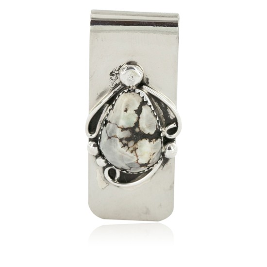 Handmade Navajo Certified Authentic Nickel and .925 Sterling Silver Natural White Buffalo Native American Money Clip 11264-4