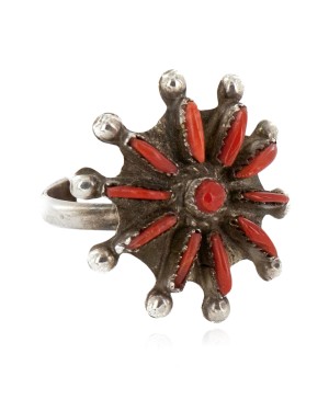 Handmade Petit Point Zuni Certified Authentic .925 Sterling Silver Coral Native American Ring  16275