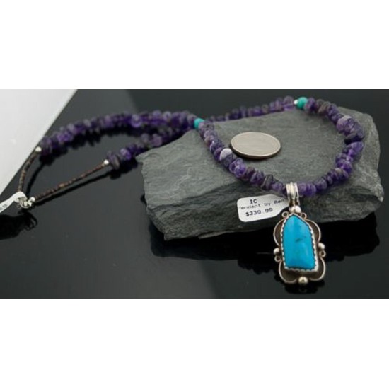Handmade RARE Certified Authentic Navajo Native .925 Sterling Silver Turquoise and Amethyst Native American Necklace 390574579649