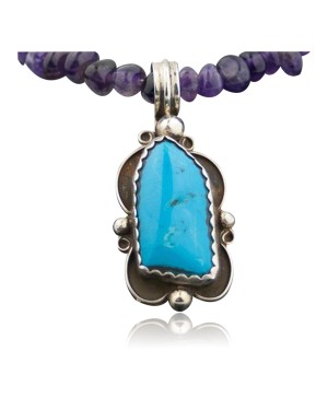 Handmade RARE Certified Authentic Navajo Native .925 Sterling Silver Turquoise and Amethyst Native American Necklace 390574579649