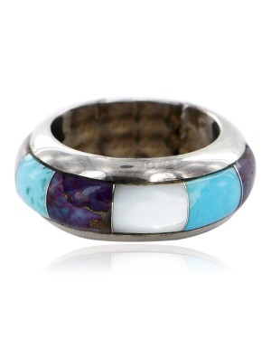 Handmade Signed Certified Authentic Navajo Inlaid .925 Sterling Silver Natural Turquoise Purple Spiny Oyster and Mother of Pearl Native American Ring  16872-0