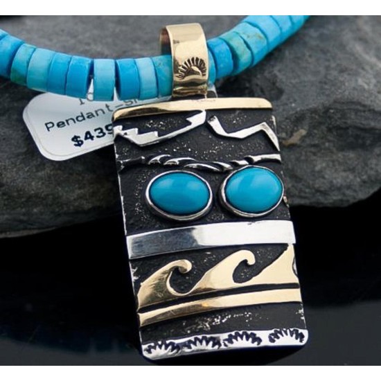 Handmade Wave Certified Authentic Navajo .925 Sterling Silver and 12kt Gold Filled Natural Turquoise Native American Necklace 390589037477