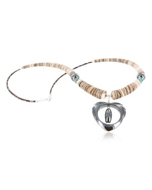 Heart $200 Certified Authentic Navajo .925 Sterling Silver Graduated Melon Shell and Hematite Turquoise Native American Necklace 790101-16