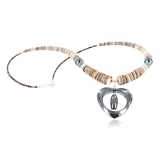 Heart $200 Certified Authentic Navajo .925 Sterling Silver Graduated Melon Shell and Hematite Turquoise Native American Necklace 790101-16 Heart $200 Certified Authentic Navajo .925 Sterling Silver Graduated Melon Shell and Hematite Turquoise Native American Necklace 790101-16