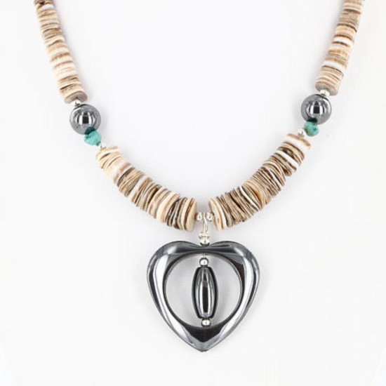 Heart $200 Certified Authentic Navajo .925 Sterling Silver Graduated Melon Shell and Hematite Turquoise Native American Necklace 790101-16 Heart $200 Certified Authentic Navajo .925 Sterling Silver Graduated Melon Shell and Hematite Turquoise Native American Necklace 790101-16