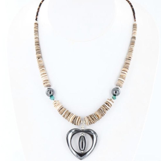 Heart $200 Certified Authentic Navajo .925 Sterling Silver Graduated Melon Shell and Hematite Turquoise Native American Necklace 790101-16 Heart $200 Certified Authentic Navajo .925 Sterling Silver Graduated Melon Shell and Hematite Turquoise Native American Necklace 790101-16